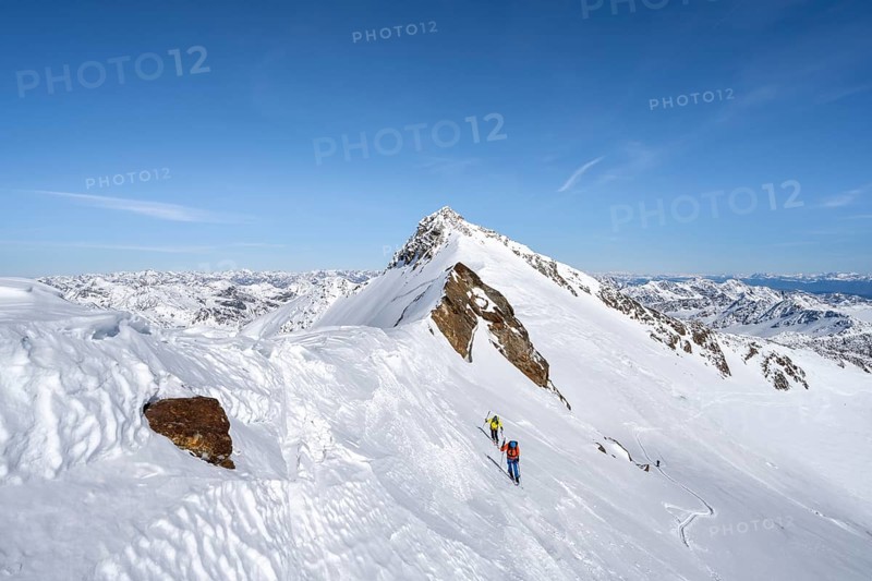Ski tourers traversing a steep slope, mountain peak Südliche Zufallspitze behind, snow-covered mountain landscape with glacier in winter, high tour, ascent to Monte Cevedale, Ortler Alps, Vinschgau Valley, Italy, Europe