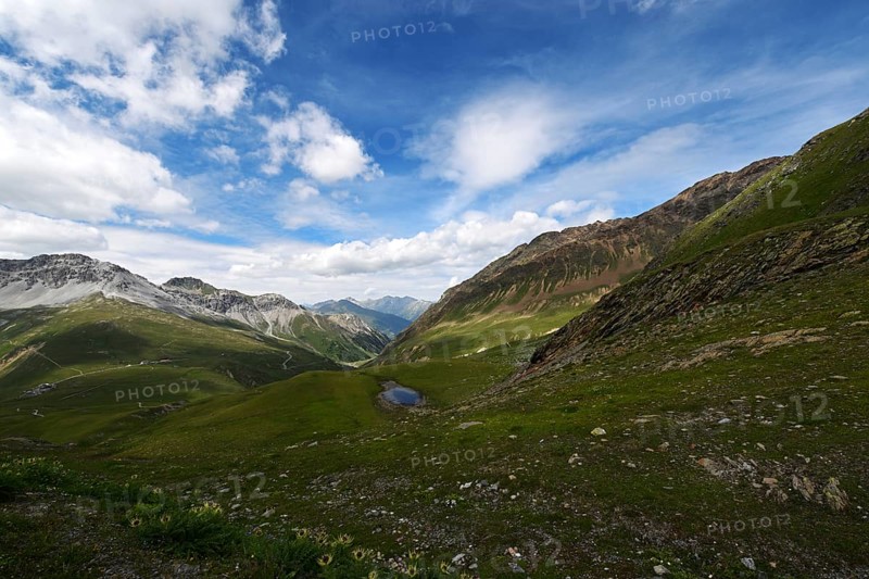 Panoramic view of mountains in summer, Stelvio pass, Stelvio National Park, Stelvio, South Tyrol, Trentino-Alto Adige, Italy, Europe