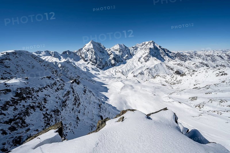 Mountain panorama with snow-covered mountain landscape in winter, view of mountain peaks Königsspitze, Monte Zebru and Ortler, summit of Madritschspitze, Ortler Alps, Vinschgau Valley, Italy, Europe
