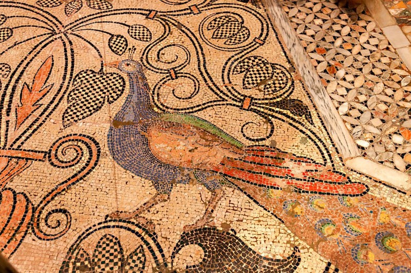 Floor mosaic with peacock in the Basilica di San Marco, St Mark's Basilica, Venice, Veneto, Italy, Europe