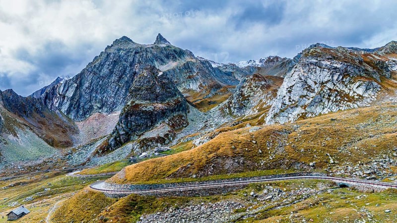 Aerial view of road to border pass Great Sankt Bernhard (Col du Grand Saint-Bernard), valley Aostatal, Region Vallée d'Aoste, Wallis Alps, Switzerland, Europe