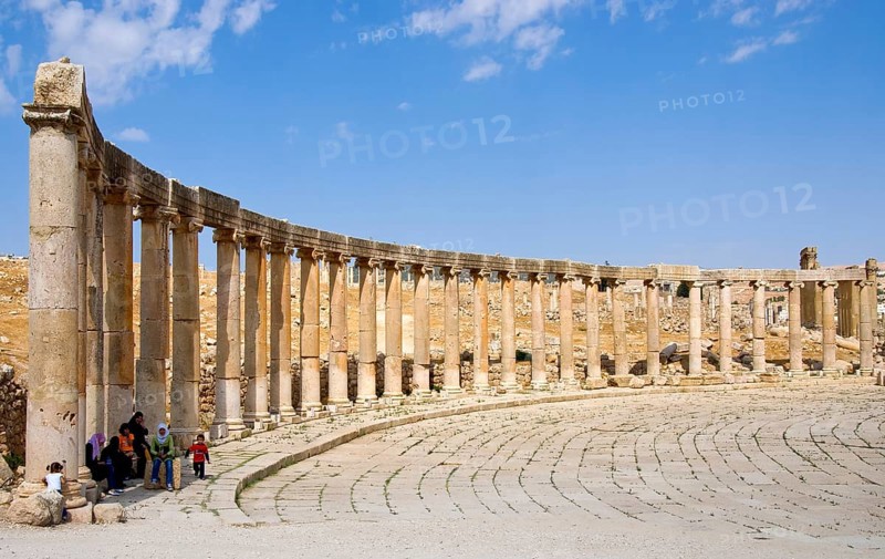 JERASH, JORDAN, OCTOBER 23: Ruins of the famous archaeological ancient city of Jerash in Jordan with tourist people on the monument on October 23 2009 in Jerash town in Jordan