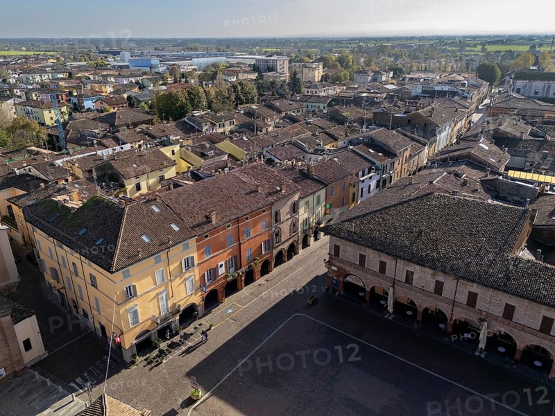 Busseto, Parma, Italy November 3rd 2024 Picturesque aerial perspective the town, a historic town in the parma province of italy, showcasing its characteristic architecture and the central piazza giuseppe verdi