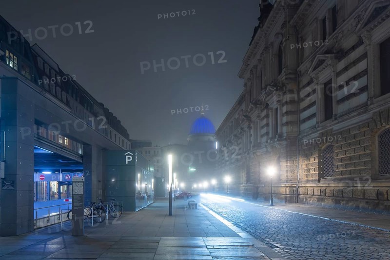 The old town of Dresden shrouded in November fog. Salzgasse with Albertinum, Lipsiusbau octagonal dome with Fama, Foggy mood in Dresden, Dresden, Saxony, Germany, Europe