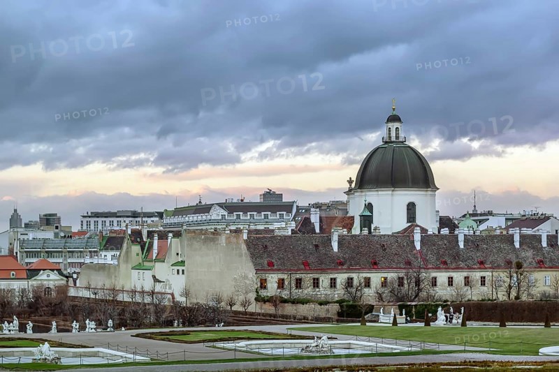 View of the Salesian Church from Belvedere palace garden, Vienna, Austria, Europe