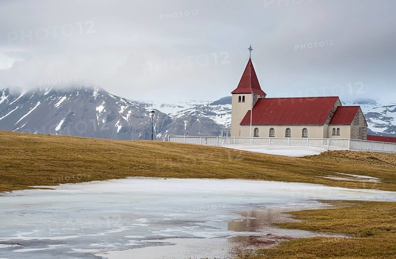 The picturesque stadastadakirkja church at the snaefellsnes peninsula near the village of arnarstapi in Iceland