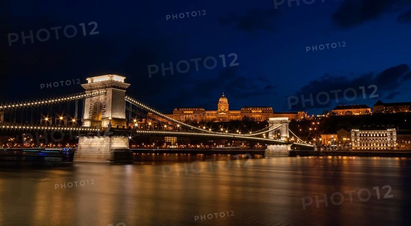 Royal Palace or the Buda Castle and the Chain Bridge after sunset. Budapest Hungary Europe