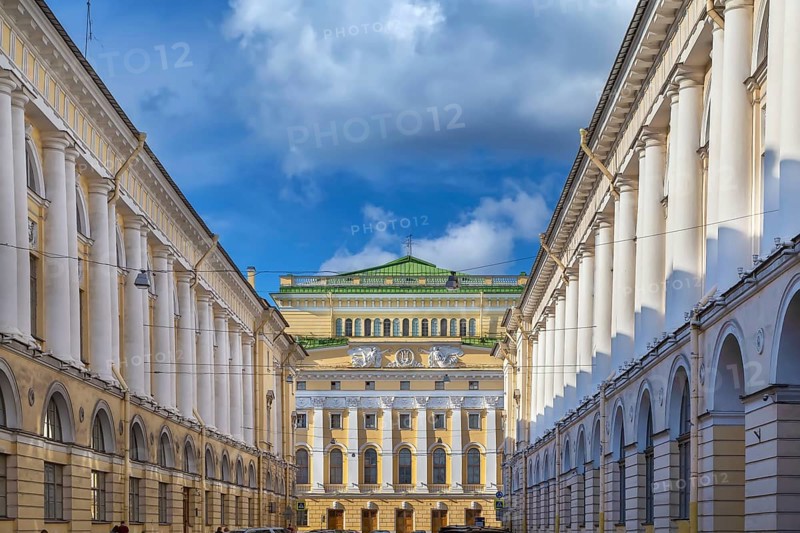 Alexandrinsky Theatre or Russian State Pushkin Academy Drama Theater is a theatre in Saint Petersburg, Russia. View from Rossi street