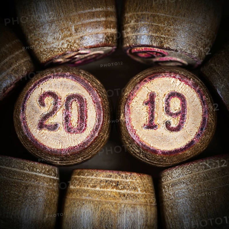 Wooden vintage lotto kegs with two numbers 20 and 19 as symbol of 2019 year. Close-up top view of 2019 New Year inscription in circle with pink trim. Vignette and trendy brown toning