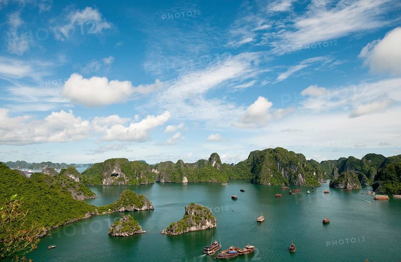 Cruise tourist boats at Halong bay in Vietnam. Halong bay is made of 3000 limestone islands