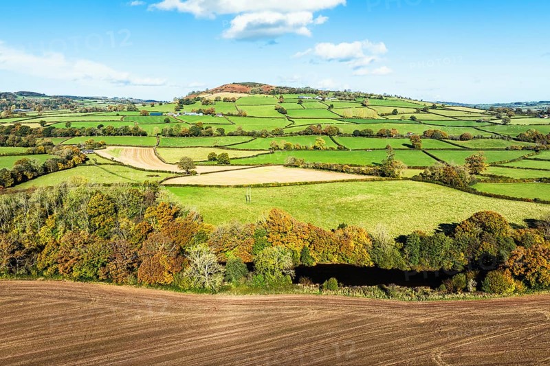 Fields and Farms over River Usk from a drone, Brecon, Brecon Beacons, Powys, Wales, England, United Kingdom, Europe