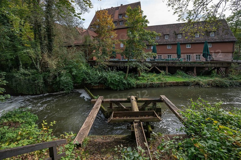 Satzinger Mühle, originally a flour mill and paper mill 1951, 52 reconstruction, after destruction, today a restaurant, Kirchenberg 1, Nuremberg-Mögeldorf, Middle Franconia, Bavaria, Germany, Europe