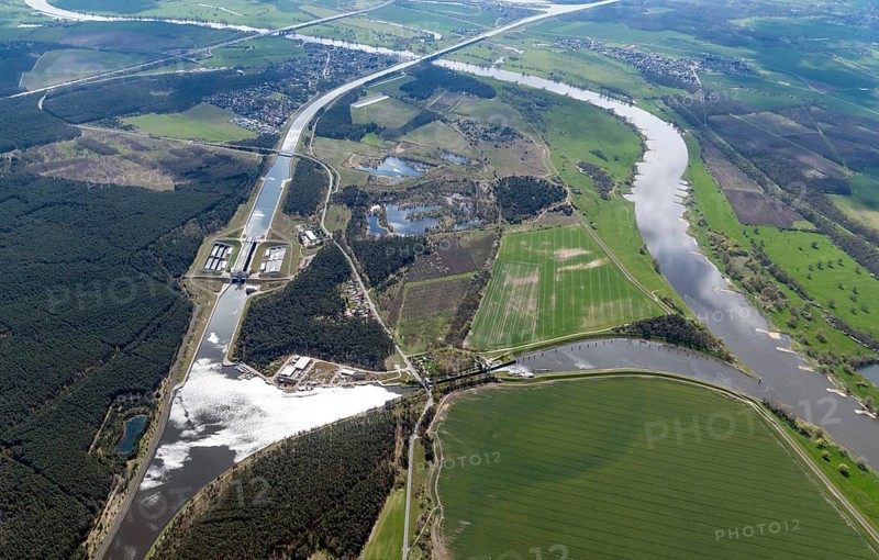 Saxony-Anhalt, Elbe, Mittelland Canal, waterway junction, aerial view, aerial photo, lock, ship lift, inland navigation, Niegripper connecting canal, Elbe-Havel Canal, Havel