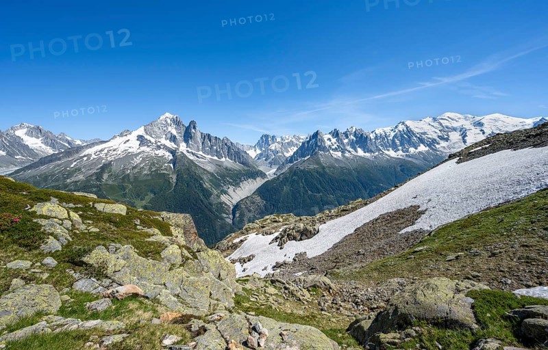Panorama, Mountain landscape with mountain peak Aiguille Verte, Grandes Jorasses with glacier Mer de Glace and Mont Blanc, Mont Blanc massif, Chamonix-Mont-Blanc, Haute-Savoie, France, Europe