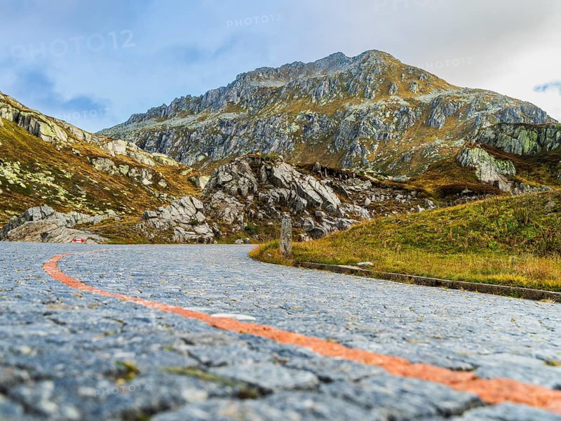 View of road Tremola to pass Gotthardpass, Valley Leventina, Kanton Tessin, Swiss Alps, Switzerland, Europe