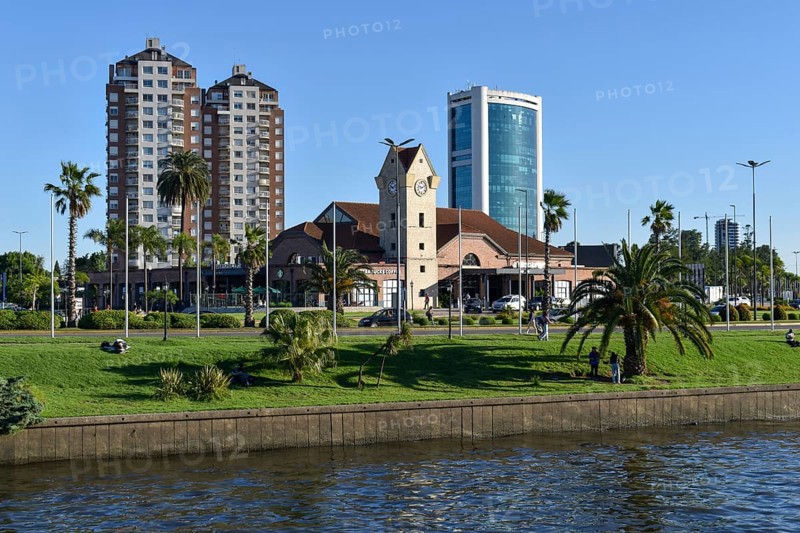 Railway station and skyline of Tigre with the channel of the Rio Lujan, recreational area at the delta of the Rio Parana, Buenos Aires, Argentina, South America