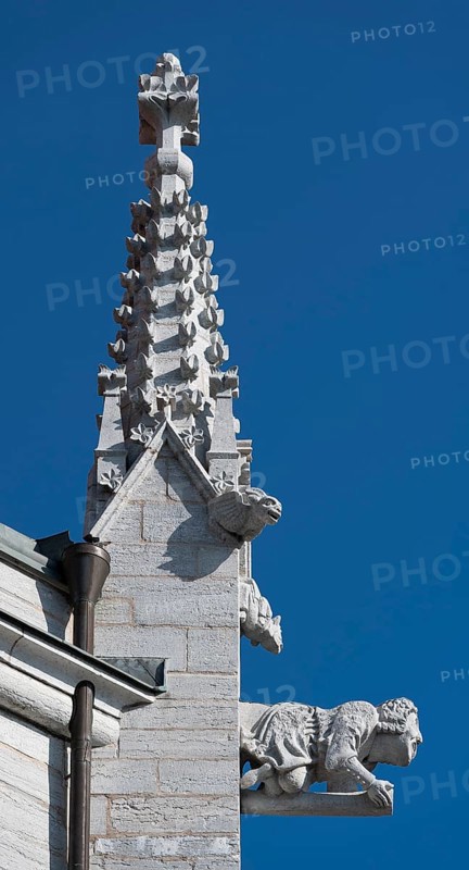 Mythological figures and monk as gargoyle, south chapel, medieval cathedral, Visby Cathedral, St Mary's Church, former Hanseatic city of Visby, UNESCO World Heritage Site, Gotland Island, Sweden, Europe