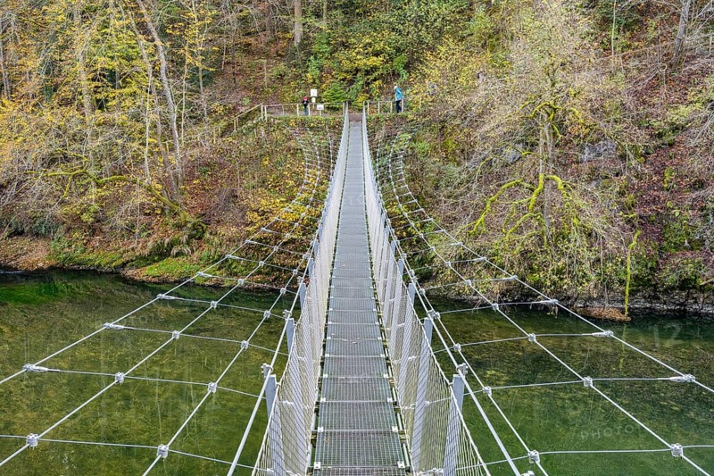 A pedestrian suspension bridge opened in 2019 crosses the Danube in Inzigkofen Princely Park, Danube Valley, Sigmaringen district, Baden-Württemberg, Germany, Europe