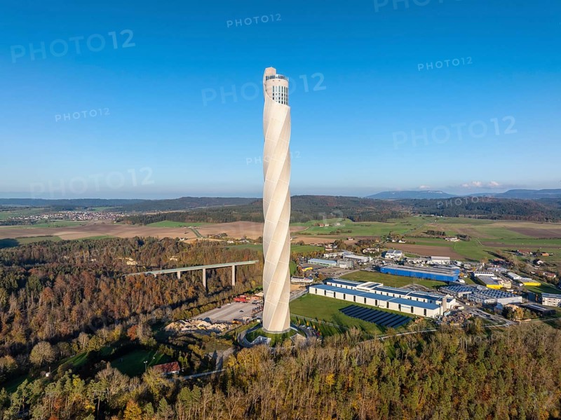 Aerial view, panorama from the 246 metre high TK-Elevator test tower of Thyssenkrupp AG, lift test tower for express and high-speed lifts. Germany's highest viewing platform, Rottweil, Baden-Württemberg, Germany, Europe