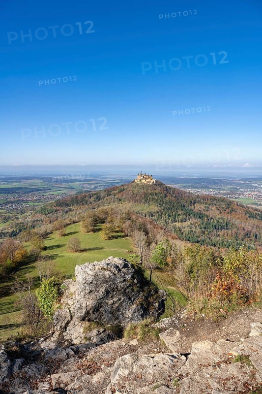 View from the Zeller Horn vantage point on the Albtrauf over the Zollernalb with Hohenzollern Castle, Zollernalbkreis, Baden-Württemberg, Germany, Europe