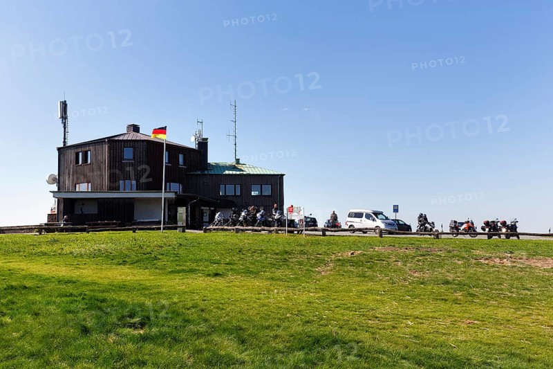 Restaurant and café, motorbikes in car park, Köterberghaus, mountain peak, sunny spring weather, Köterberg, Lügde, Weserbergland, North Rhine-Westphalia, Germany, Europe