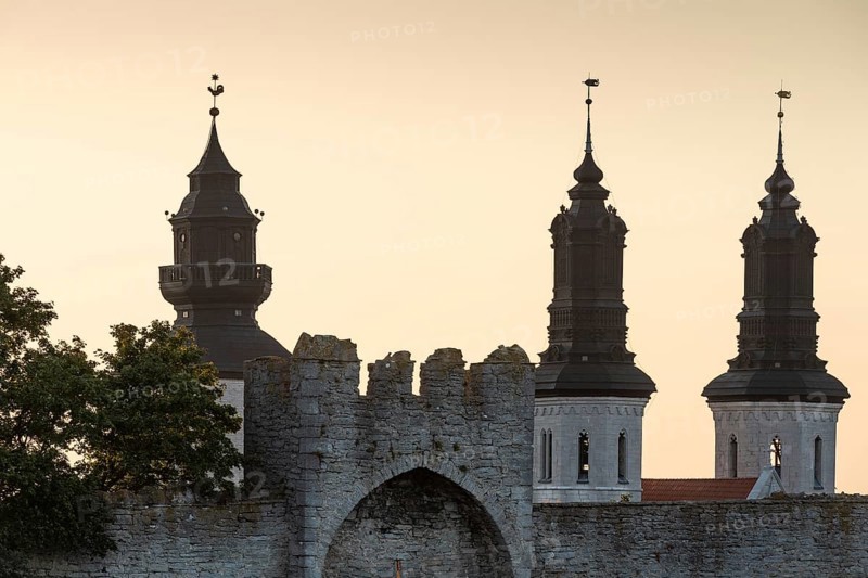 Towers of St Mary's Church or Visby Cathedral, old city wall, former Hanseatic city of Visby, UNESCO World Heritage Site, Gotland Island, Sweden, Europe