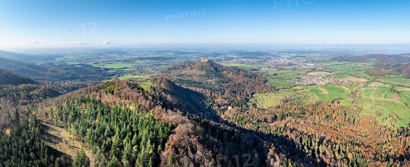 Aerial view, panorama from the Albtrauf over a mixed forest on the 956 metre high Raichberg to the Zeugenberg with Hohenzollern Castle, Zollernalbkreis, Baden-Württemberg, Germany, Europe