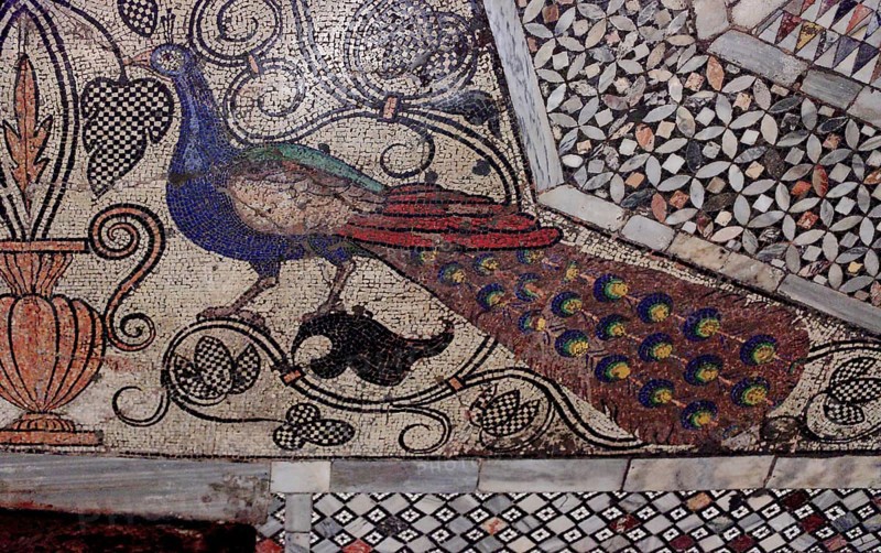 Floor mosaic with peacock in the Basilica di San Marco, St Mark's Basilica, Venice, Veneto, Italy, Europe