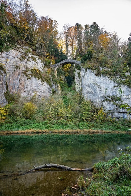 Built in 1895, the Devil's Bridge above the Danube, a striking sight in Inzigkofen Princely Park, leads over the almost 20 metre deep Höllschlucht gorge, Danube valley, Sigmaringen district, Baden-Württemberg, Germany, Europe