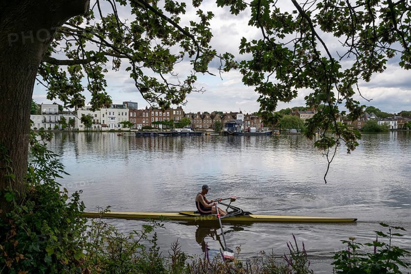A rower on a river in front of a cityscape with trees and clouds, Royal Botanic Gardens, Kew, London, England, Great Britain