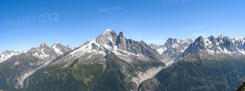 Mountain landscape with mountain peak Aiguille Verte and Grandes Jorasses with glacier Mer de Glace, Mont Blanc massif, Chamonix-Mont-Blanc, Haute-Savoie, France, Europe