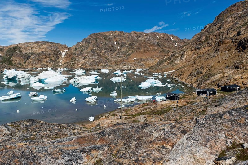 Icebergs, Austrian polar station or polar research station Sermilik, Ammassalik Island, East Greenland, Greenland, North America