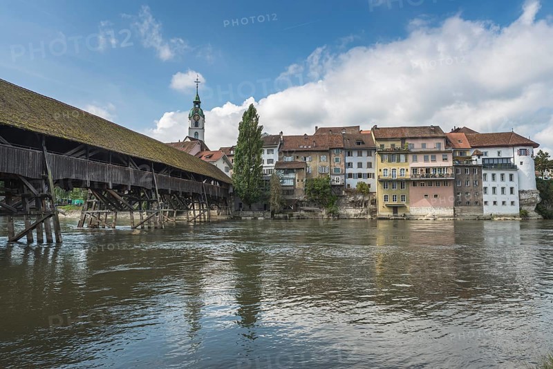 View of the River Aare and the old town of Olten with historic wooden bridge, Canton of Solothurn, Switzerland, Europe