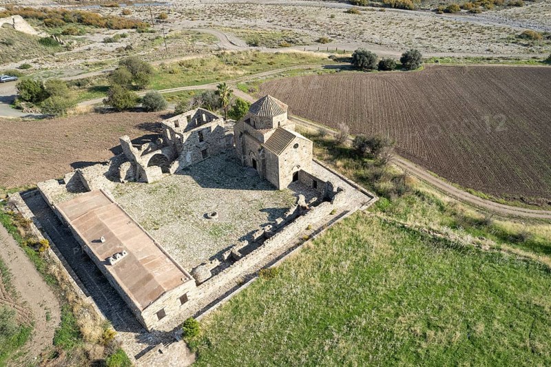 Drone aerial of abandoned Christian orthodox church. Panagia Sinti, Pentalia Paphos Cyprus