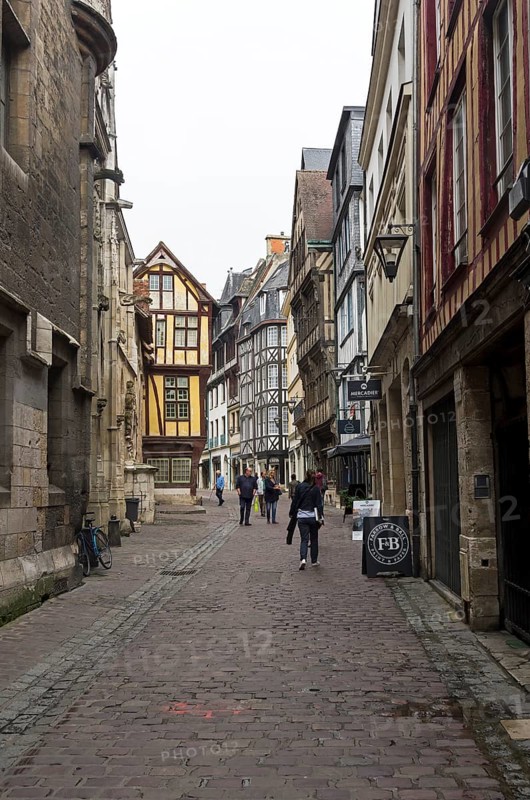 Rouen, France, August 30, 2018: Old houses in the tourist center of Rouen, built in the traditional Normandy style, Europe