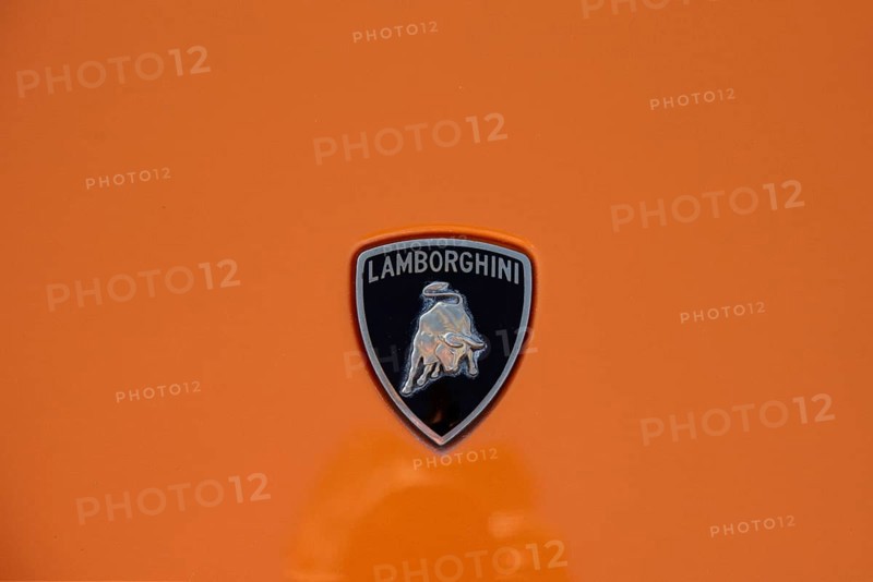 Nicosia Cyprus, September 29 2022: Antique logo of a Lamborghini luxury car. Front view of classic sport car