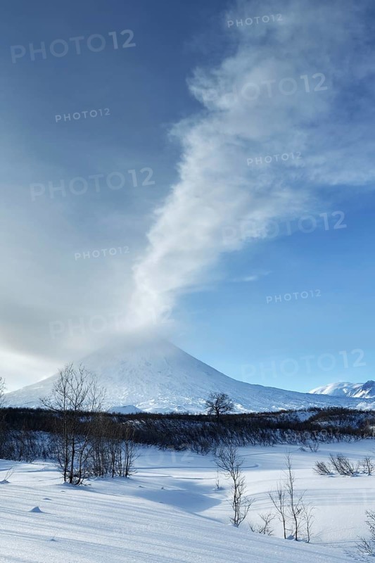Beauty winterly landscape of Kamchatka: evening view of eruption active Klyuchevskoy Volcano (Klyuchevskaya Sopka), eructation from crater of volcano plume of gas, steam and ashes. Eurasia, Far East, Russia, Kamchatsky Krai, Europe