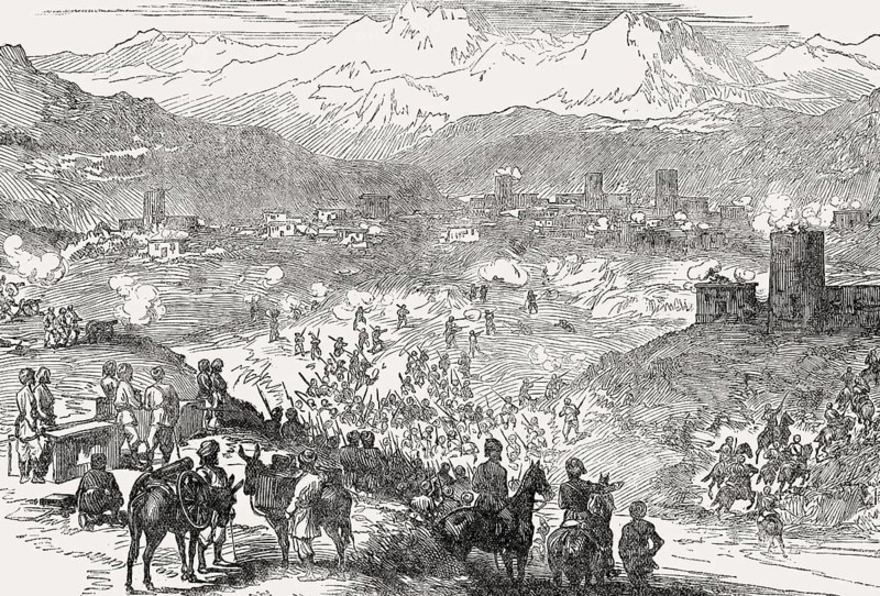 Attack on a town, scene from Anglo-Zulu War, 1879, From British Battles on Land and Sea, by James Grant