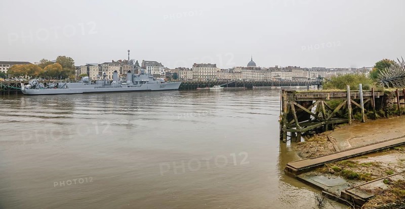 Former warship of the French Navy Escorteur d'Escadre Maille-Breze at the Quai de la Fosse, today Naval Museum, seen from the Ile de Nantes in the Loire, Nantes, Departement Loire-Atlantique, Region Pays de la Loire, France, Europe