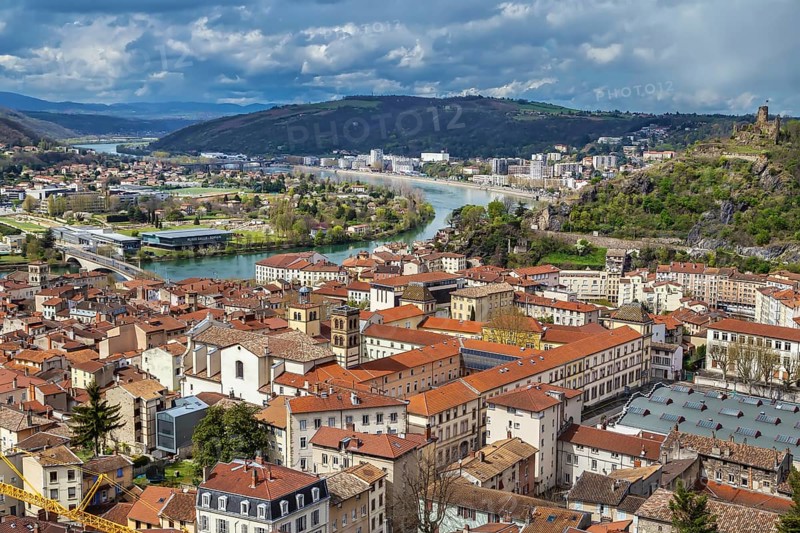 An aerial view of Vienne from hill of Pipet, France, Europe