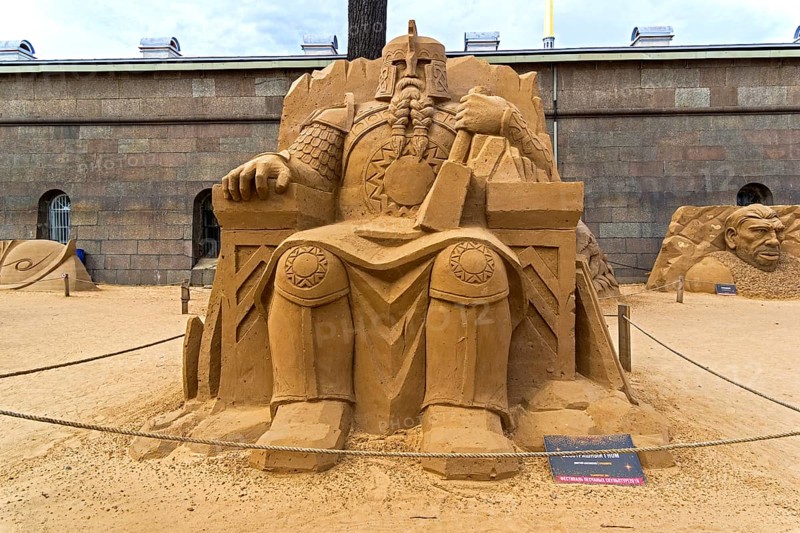 Saint Petersburg, Russia, June 13, 2019: The exhibition of sand sculptures at the Peter and Paul Fortress. Composition, Europe