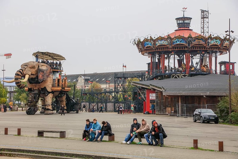 Tourist attraction The Great Elephant and Carrousel des Mondes Marins on the Ile de Nantes in the Loire, Nantes, Loire-Atlantique department, Pays de la Loire region, France, Europe