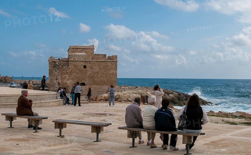 Paphos, Cyprus, March 07 2021: Tourist people enjoying the scenery at paphos castle area in cyprus, Europe
