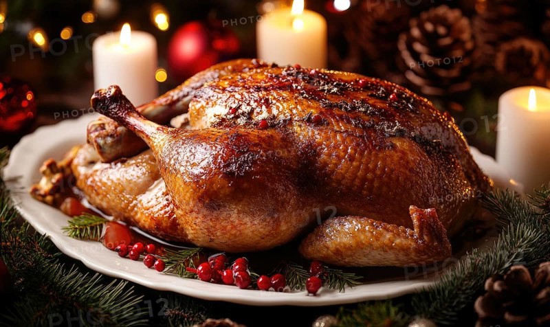 A large roasted turkey is sitting on a white plate with a red and green Christmas tree in the background AI generated