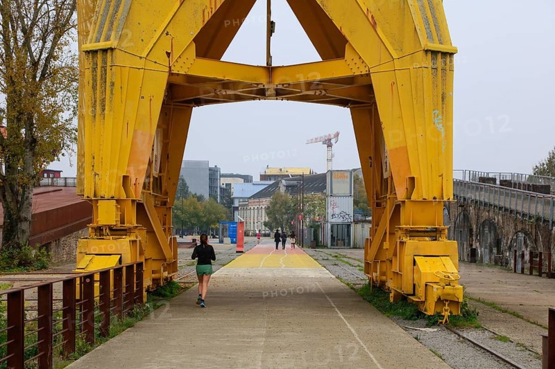 Yellow crane, former shipyard of the Chantiers d'Atlantique on the Ile de Nantes in the Loire, Nantes, Loire-Atlantique department, Pays de la Loire region, France, Europe