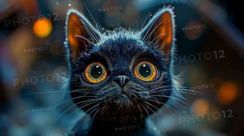 A black kitten with big orange eyes and wet fur stares at night, featuring a shiny bokeh background, AI generated