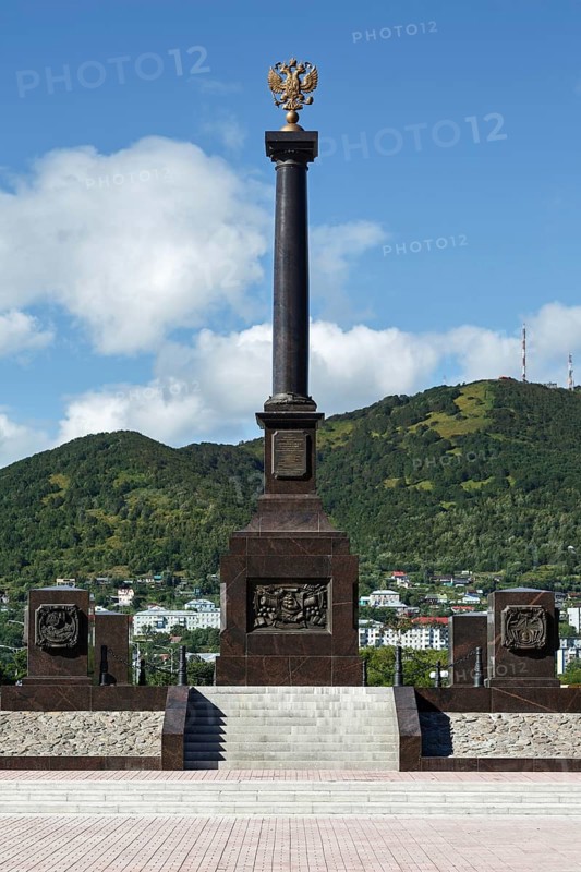 PETROPAVLOVSK-KAMCHATSKY, KAMCHATKA, RUSSIA, SEP 07, 2015: Scenic view of the stela City of Military Glory on the Petropavlovsk-Kamchatsky City on a sunny day. Russia, Far East