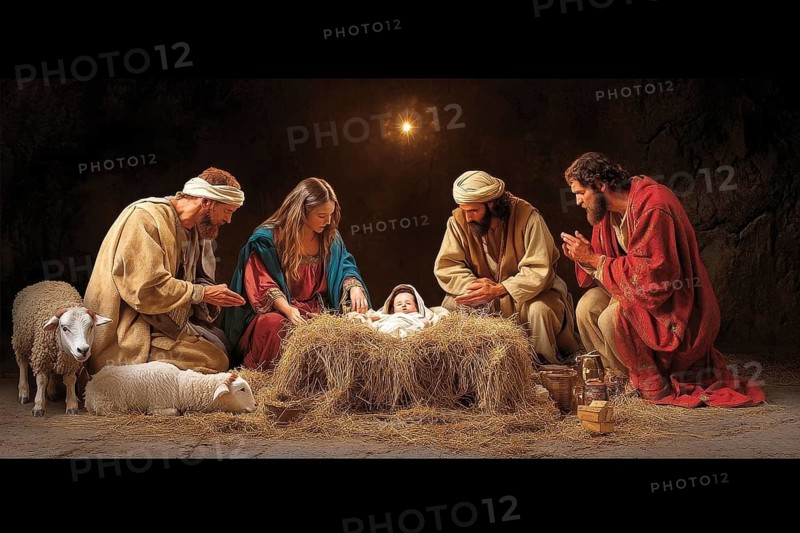 Classic depiction of the Nativity in a stable. Mary, Joseph, and shepherds surround and adore baby Jesus in the manger, with animals and warm lighting, AI generated
