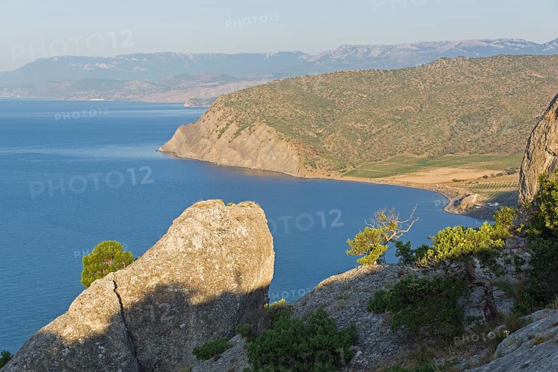 The Black Sea coast. Sunny morning. View to the west from the top of the Karaul-Oba. Novyy Svet, Crimea