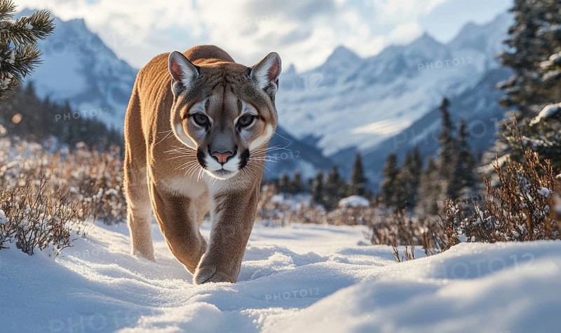 A mountain lion strides along a snowy path amidst a backdrop of mountains and forest, creating a serene wilderness scene AI generated